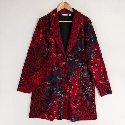 Susan Graver Regular Printed Novelty Knit Jacket w/ Shawl Collar Sz Large Red - Image 1 of 4