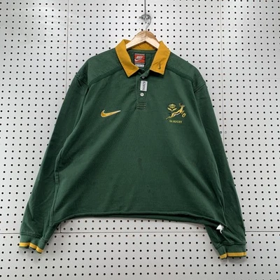 VTG Nike SA Rugby Team Polo Shirt Mens XL Cropped Distressed Green Long Sleeve - Image 1 of 4