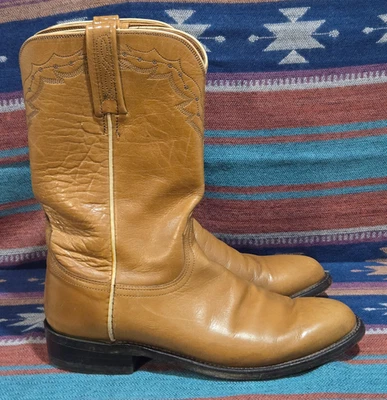 Vintage Lucchese 2000 Calfskin Roper Boots Men's 8 Narrow Tan Cowboy #T0086 - Image 1 of 4