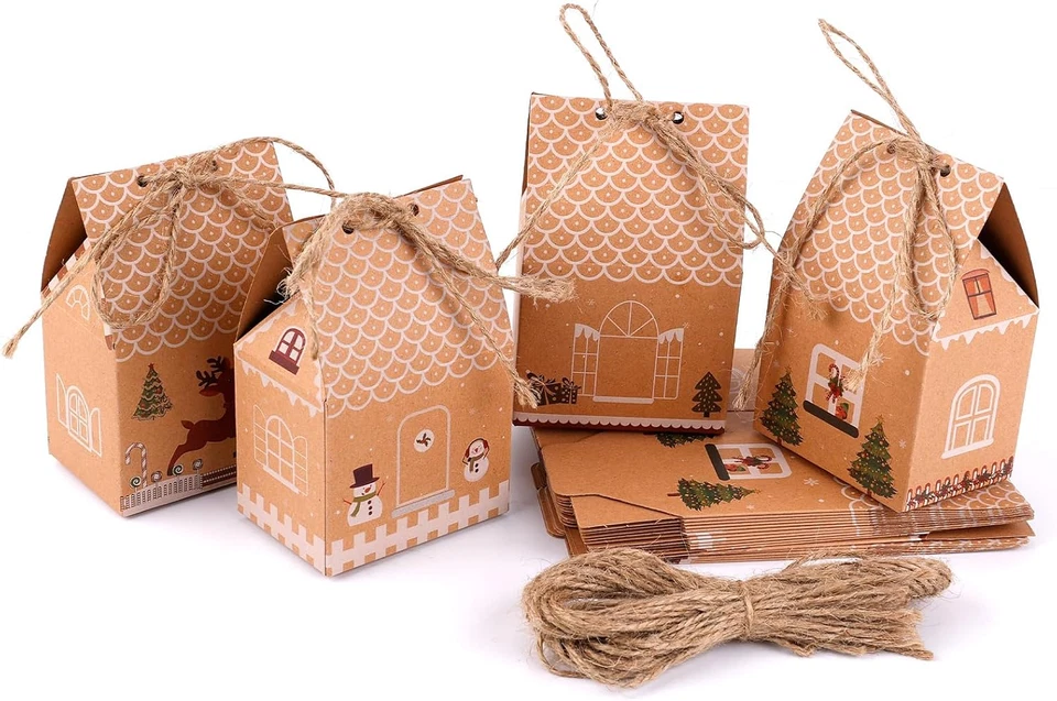 24 Piezas Mini Cajas de Favor de Fiesta de Navidad, Lindas Cajas de Casa de Navidad con Cuerda Cra Foto 1 de 4