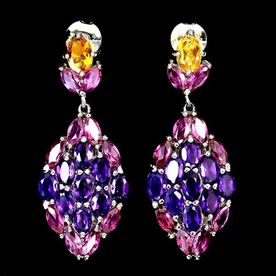 925 Sterling Silver Earrings Oval Citrine 6x4mm Amethyst Gemstone Jewelry - Image 1 of 4
