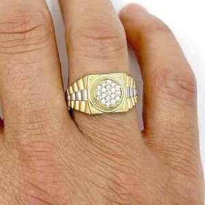 10K Gold Yellow White 0.30Ct Jubilee Style Men's Signet Ring - Picture 1 of 5