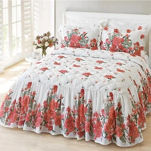 EVENHUG 100% Cotton Ruffle Skirt King Size Bedspread Set Red Floral Bed Skirt... - Picture 1 of 7