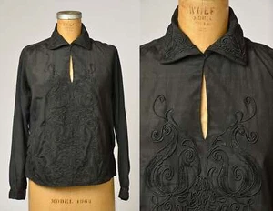 1920s Art Deco Blouse Black Silk Long Sleeve Formal Shirt - Picture 1 of 8
