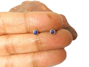 Round Blue Lapis Lazuli Sterling Silver 925 Gemstone Stud Earrings - 3 mm - Picture 1 of 6