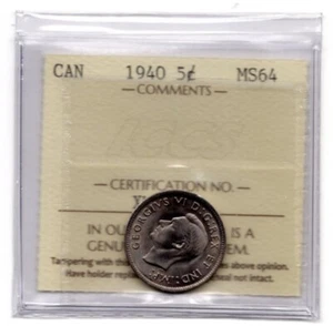 1940 Canada 5 Cents Nickel Coin ICCS MS64 - Picture 1 of 2