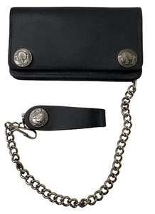 Black Leather Buffalo Nickel Trucker Wallet 6" x 3.5" with 12" Chain USA Made - Picture 1 of 1