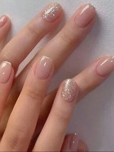 Press On Nails - 24pcs Short Squoval Pink Glossy Glitter Stick On False Nails - Picture 1 of 6