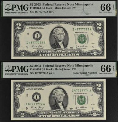 2003 $2 Federal Reserve Note PMG 66EPQ - Near Solid Plus Radar 47777777 47777774 - Image 1 of 4
