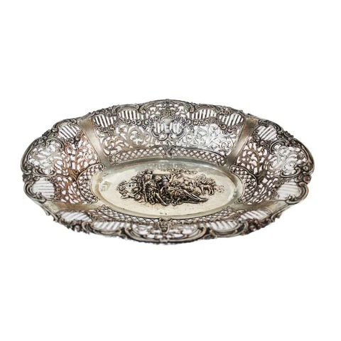 Antique German Sterling Silver 800 Plate Handmade Rococo Style 425 grams 19th C Cover