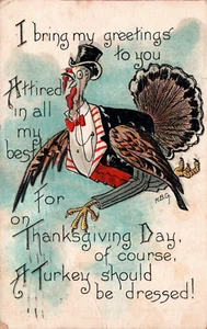 POSTCARD THANKSGIVING TURKEY WEARING A TOP HAT & MONICALE EMBOSSED - Picture 1 of 2