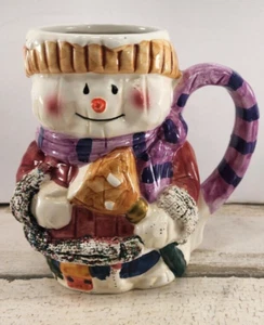 VTG Ceramic Snowman Broom 3D Style Coffee Coco Glittered Purple Scart Mug Cup - Picture 1 of 10