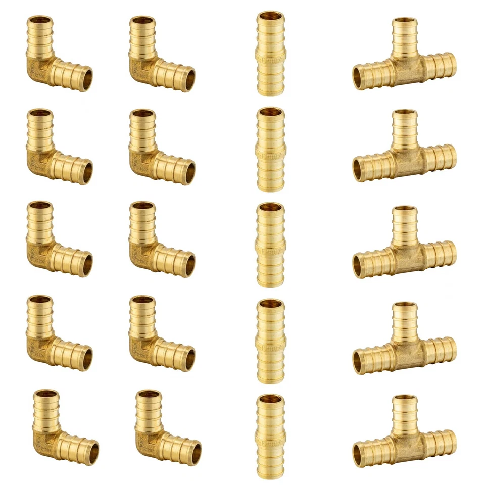 EFIELD  20PCS 1/2" PEX Crimp Barb Brass Fitting (10 Elbow, 5 Coupliers,5 Tees) - Image 1 of 4