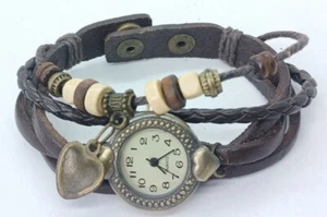Women Fashion Watch Brown Multi Wrap Braided Leather Band Brass Case Heart Charm - Picture 1 of 6