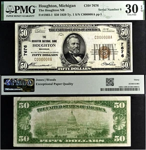 1929 $50 National Bank Note Houghton, MI CH# 7676 - PMG 30EPQ - Low Serial #8 - Picture 1 of 3