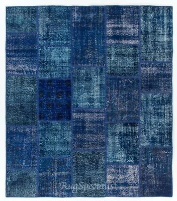 Blue Color Handmade Patchwork Rug Made from Over-Dyed Vintage Carpets - Image 1 of 4