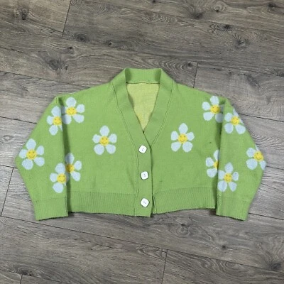 Vintage Floral Cardigan Sweater Women's Large Green Cropped Button Up Flowers - Image 1 of 4