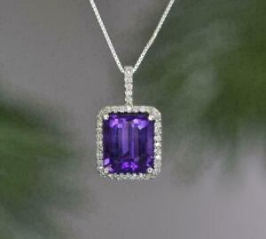 3.50Ct Emerald Cut Amethyst Simulated Halo Pendant Necklace 14k White Gold Fn