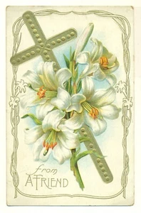 1911 from A Friend Gold Cross Flowers Embossed VTG Postcard ME4. - Picture 1 of 2