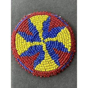 Native American Seed Bead handmade beadwork patch art navy blue,red,yellow 3” - Picture 1 of 2