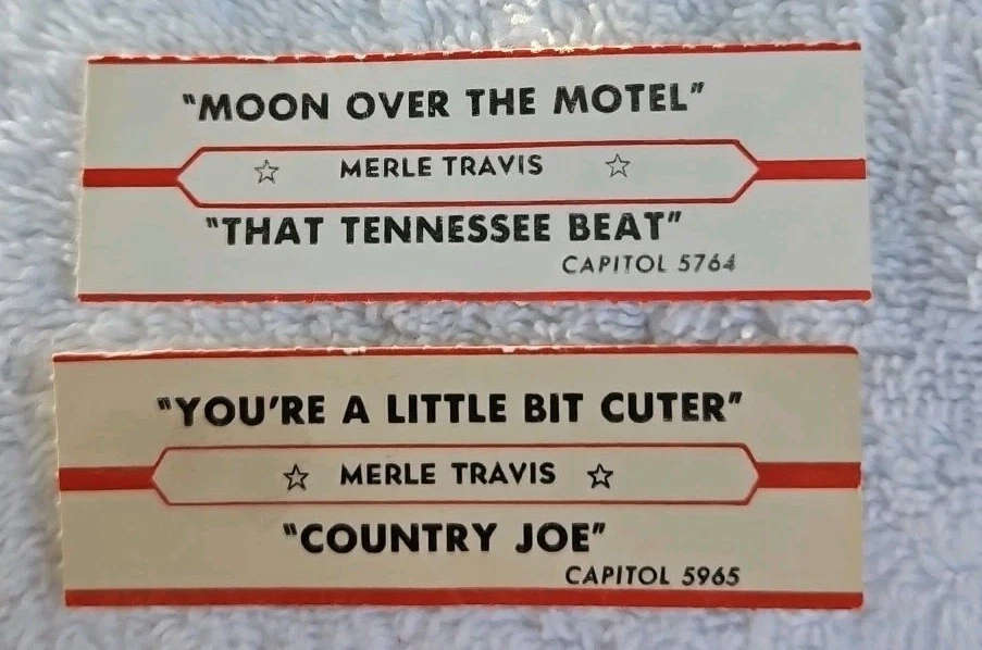2 Jukebox Title Strips MERLE TRAVIS~Honky Tonk Country Music~Moon Over The Motel - Image 1 of 1