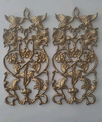2 colgantes de pared vintage de metal Hollywood Regency de 15" x 7" pintados en oro (GSHF3) Foto 1 de 4