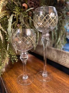 Embossed Etched Gold Painted Hurricane Clear Glass Candle Holders Set Of 2 - Picture 1 of 4