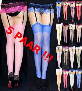 5 PAAR Strapsstrümpfe versch. Farben UNIVERSALGRÖßE 20 DEN Strapse Strümpfe EU - Picture 1 of 25