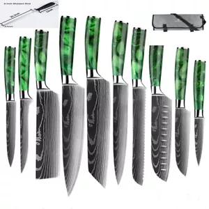 12PC Japanese Kitchen Knives Damascus Pattern Chef Knife Set Green +Bag+Sharpen - Picture 1 of 16