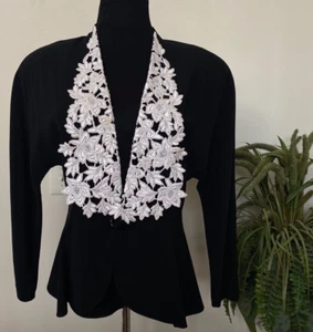 DAYMOR Couture Women's Black Beaded Lace Collar Peplum Jacket Size 12 EUC, $499 - Picture 1 of 7
