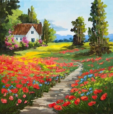 Pintura al óleo paisaje rural arte original sobre lienzo amapolas campo de flores Foto 1 de 4