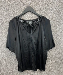 Worthington Black Satin Shirt Short Flowy Sleeves Tie Neck Career Top Women's L - Picture 1 of 9