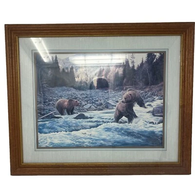 Osos Caza Salmón 1986 Manuel Mansanarez Jr 23x19 Vidrio Firmado Enmarañado Foto 1 de 4