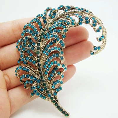 Nuevo Broche Prendedor Estilo Vintage Plumas de Pavo Real Tono Dorado Cristal Estrás Azul  Foto 1 de 4