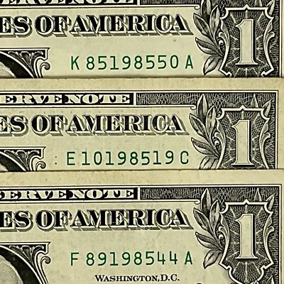 Lote de 3 billetes de dólar número uno serie elegante centrados en fecha del año 1985 Foto 1 de 4