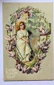 Vintage Easter Joy Postcard Flower Girl Cross Germany Embossed Religious Holiday - Picture 1 of 4