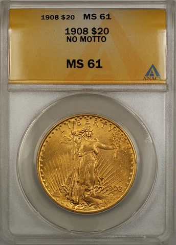1908 No Motto $20 St. Gaudens Double Eagle Gold Coin ANACS MS-61 SB Cover
