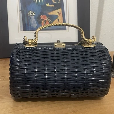 VTG 60’s Navy Basket Weave Purse Mod Barrel  Shape Gold Hardware Jana Hong Kong - Image 1 of 4