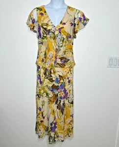 Vintage Adrianna Papell Midi Dress Womens Size 16 Yellow Silk Floral Blouson - Picture 1 of 15
