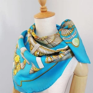 Hermes Carre 90 Silk Scarf Turquoise Egyptian Scarab Rebirth & Prosperity Used - Picture 1 of 8