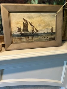 Antico quadro acquerello navi a vela 1893 XIX secolo MORI cornici CA - Foto 1 di 11