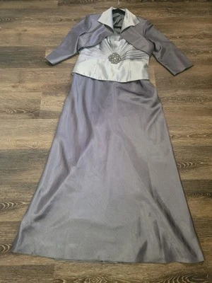 Mother Of Bride Groom Grey Women 16(XL) Satin Taffeta Set Gown Bolero Event Glam - Image 1 of 4