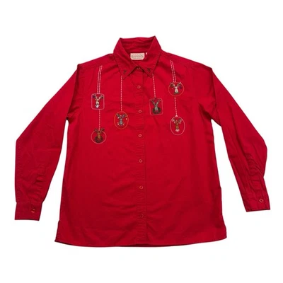 Vintage Christmas Shirt Womens Small S Red Reindeer Button Up Long Sleeve - Image 1 of 4