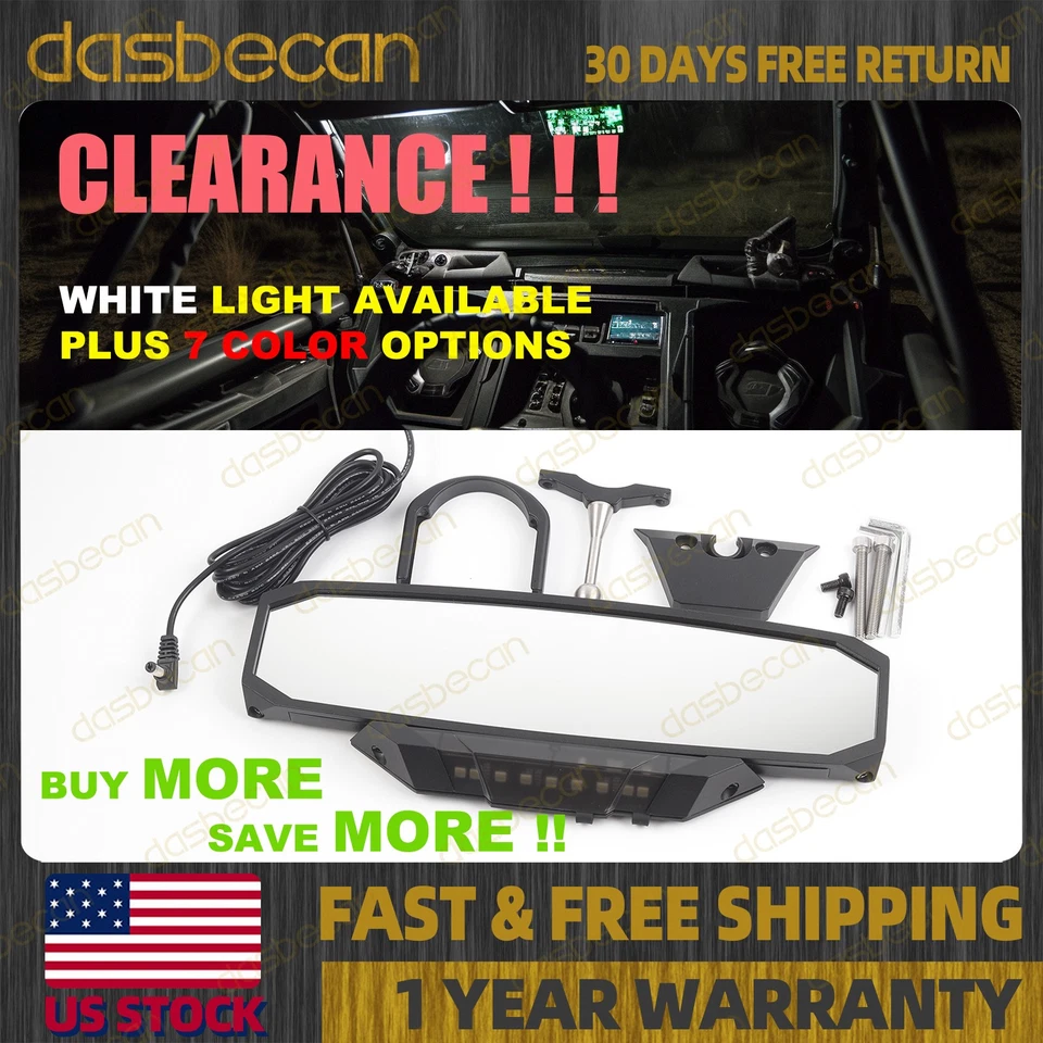 UTV Rear View Center Mirror 7 Color LED lights 1.2"-2" Clamp For Polaris RZR XP Foto 1 de 4