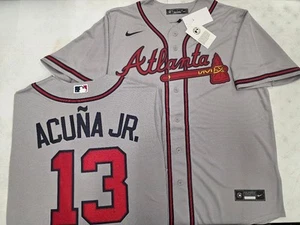 50703 MENS ATLANTA BRAVES ACUNA JR STRIDER ALBIES SEWN Baseball JERSEY GRAY New - Picture 1 of 17