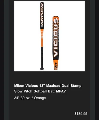 Bate de softbol lanzamiento lento Miken Vicious 13" Maxload doble sello MPAV 34" 30 OZ Foto 1 de 4