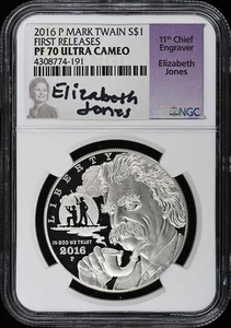 2016 P MARK TWAIN FIRST RELEASES ELIZABETH JONES S$1 NGC PR70DCAM - Picture 1 of 2