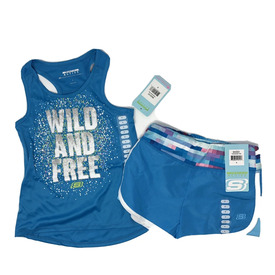 Niñas 4 Skechers Active Tank Shorts Conjunto Azul Turquesa Brillante Salvaje y Gratis K5 Foto 1 de 4