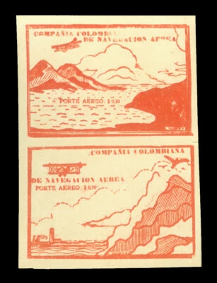 COLOMBIA 1920 AIRMAIL - Plane & Mountains 10c vermilion Sc# C11Cl+C11Dm setenant - Image 1 of 2
