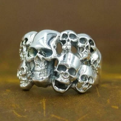 11g multi skull biker goth 925 sterling solid silver authentic genuine mens ring - Image 1 of 4
